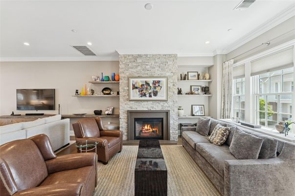Fireplace, Interior, Living room, Recessed Lighting, Stone Walls