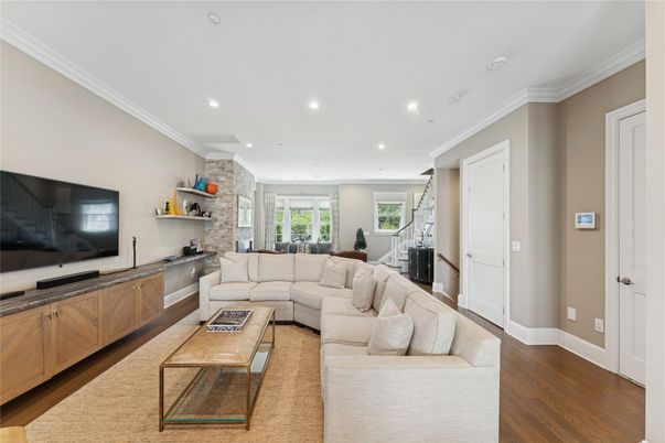 Interior, Living room, Recessed Lighting, Stone Walls, Wood Texture Flooring
