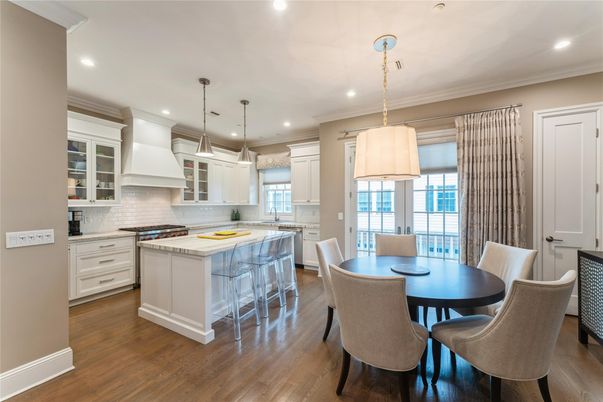 Dining room, Interior, Kitchen, Pendant Lights, Recessed Lighting, Stainless Steel Appliances, Wood Texture Flooring