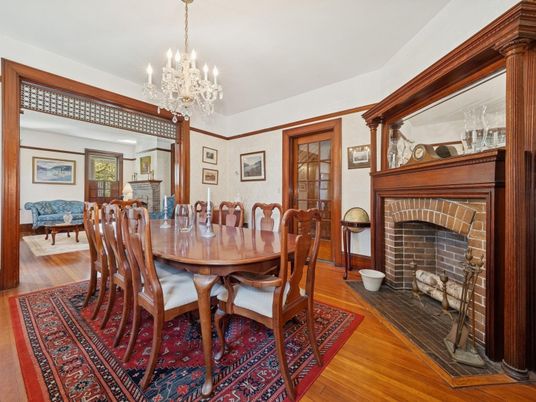 Chandelier, Dining room, Fireplace, Interior, Wood Texture Flooring