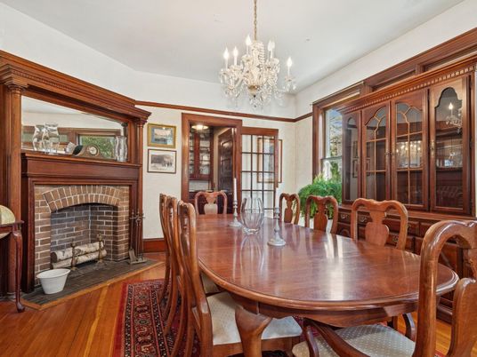 Chandelier, Dining room, Fireplace, Interior, Wood Texture Flooring