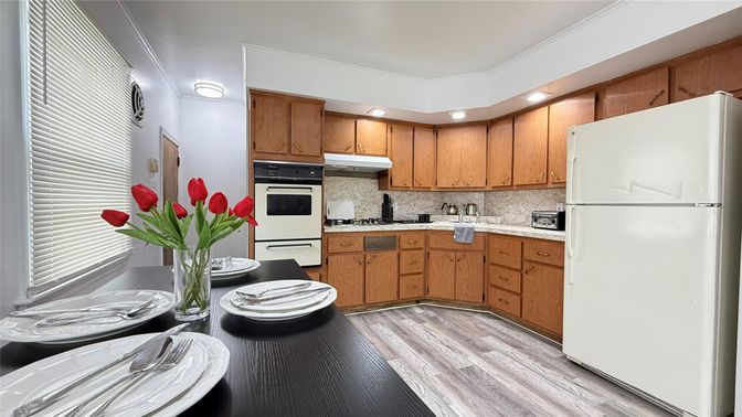 Interior, Kitchen, Recessed Lighting, Stainless Steel Appliances, Wood Texture Flooring
