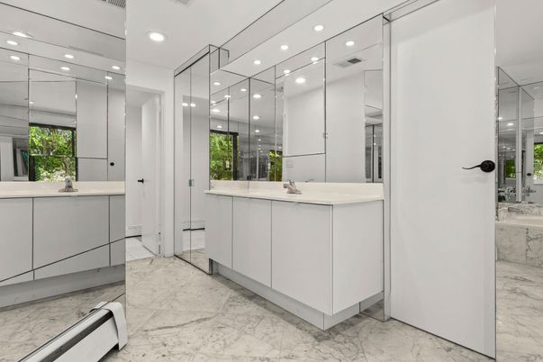 Bathroom, Dual Sink Vanities, Interior, Marble, Recessed Lighting