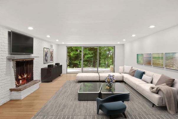 Fireplace, Interior, Living room, Recessed Lighting, Stone Walls, Wood Texture Flooring