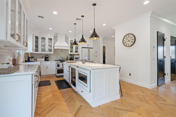 Interior, Kitchen, Pendant Lights, Recessed Lighting, Stainless Steel Appliances, Wood Texture Flooring