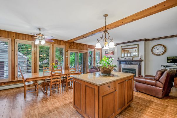 Dining room, Fireplace, Interior, Pendant Lights, Wooden Beams, Wood Texture Flooring, Wooden Walls