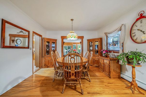 Dining room, Interior, Pendant Lights, Wood Texture Flooring
