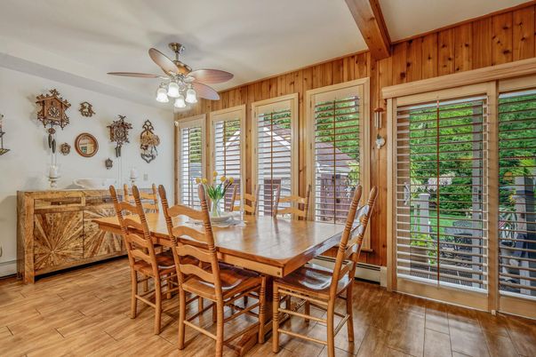 Dining room, Interior, Wooden Beams, Wood Texture Flooring, Wooden Walls