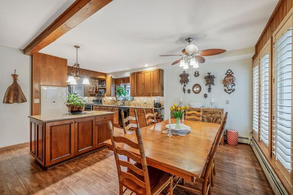 Dining room, Interior, Kitchen, Pendant Lights, Wood Texture Flooring