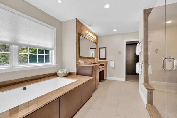Bathroom, Dual Sink Vanities, Glass Shower, Interior, Recessed Lighting