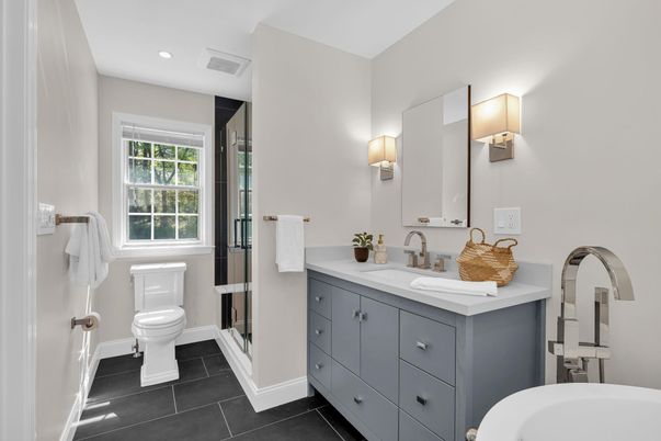 Bathroom, Dual Sink Vanities, Glass Shower, Interior, Recessed Lighting