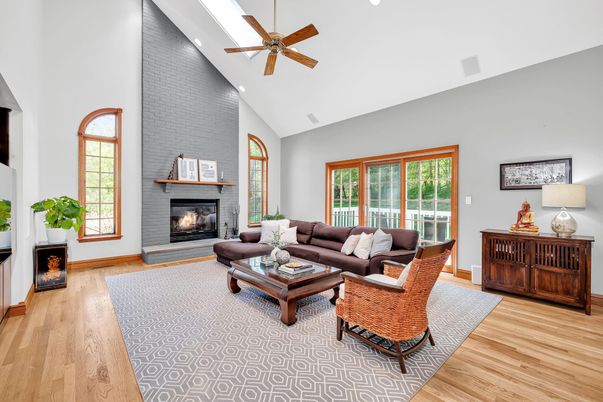 Fireplace, Interior, Living room, Recessed Lighting, Wood Texture Flooring