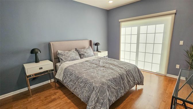 Bedroom, Interior, Recessed Lighting, Wood Texture Flooring