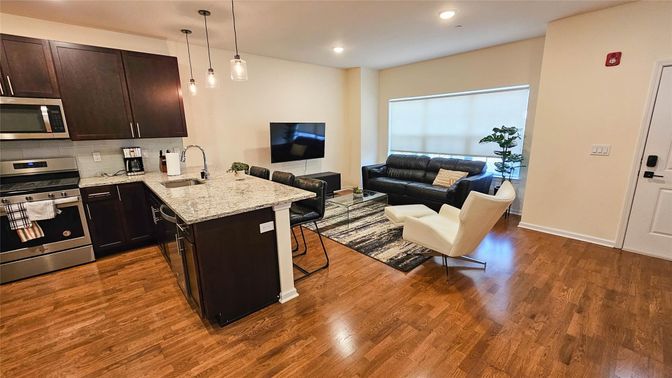 Interior, Kitchen, Living room, Pendant Lights, Recessed Lighting, Stainless Steel Appliances, Wood Texture Flooring