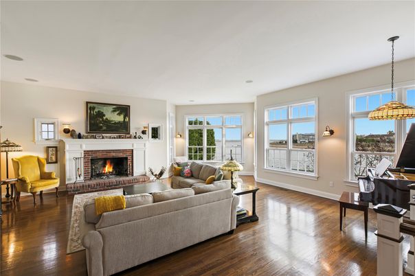 Fireplace, Interior, Living room, Pendant Lights, Piano, Wood Texture Flooring