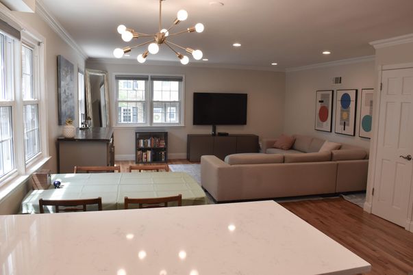 Interior, Living room, Pendant Lights, Recessed Lighting, Wood Texture Flooring