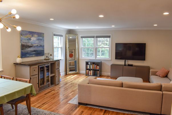Interior, Living room, Pendant Lights, Recessed Lighting, Wood Texture Flooring
