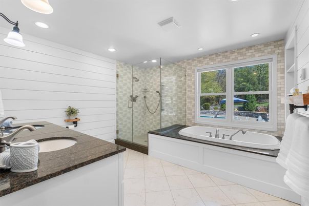Bathroom, Dual Sink Vanities, Glass Shower, Interior, Recessed Lighting