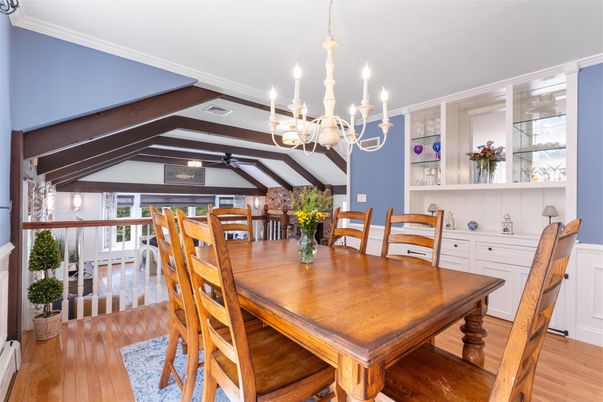 Chandelier, Dining room, Interior, Wooden Beams, Wood Texture Flooring