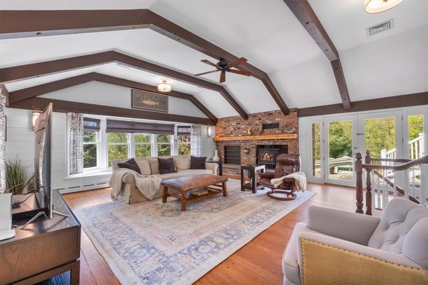 Fireplace, Interior, Living room, Stone Walls, Wooden Beams, Wood Texture Flooring