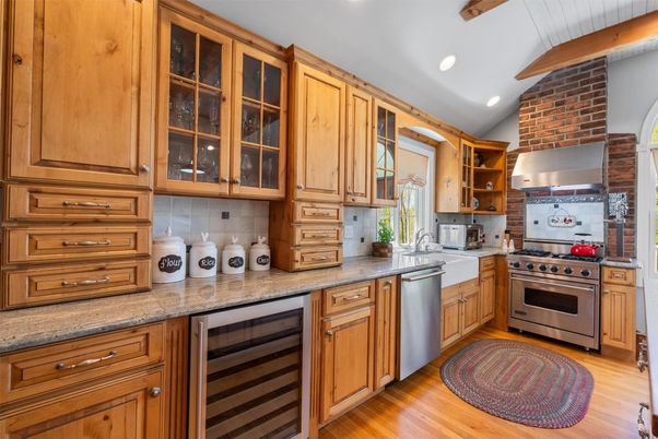 Interior, Kitchen, Recessed Lighting, Stainless Steel Appliances, Stone Walls, Wood Texture Flooring