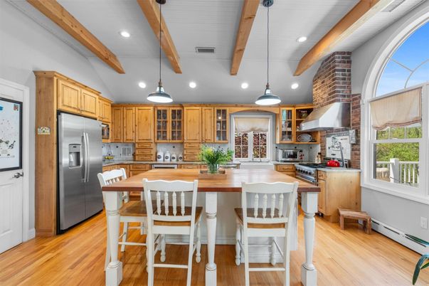 Interior, Kitchen, Pendant Lights, Recessed Lighting, Stainless Steel Appliances, Wooden Beams, Wood Texture Flooring