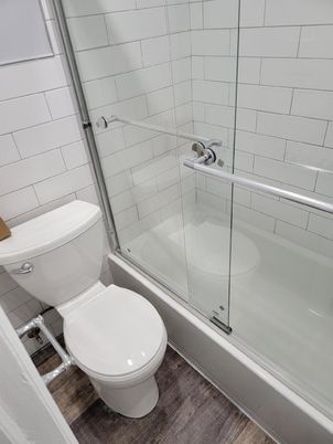 Bathroom, Glass Shower, Interior, Wood Texture Flooring