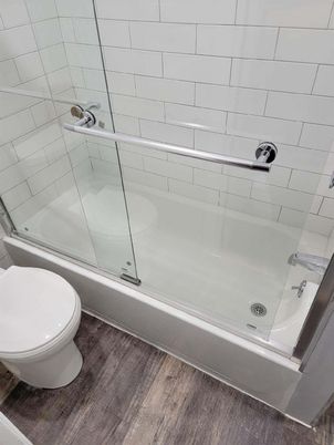 Bathroom, Glass Shower, Interior, Wood Texture Flooring