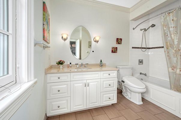 Bathroom, Interior, Tile Countertops, Wood Texture Flooring