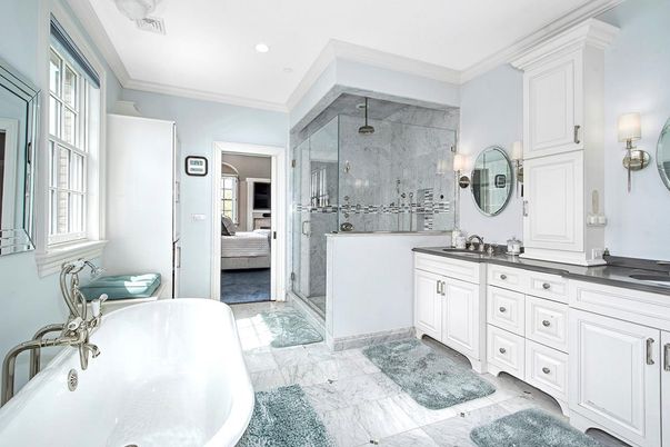 Bathroom, Dual Sink Vanities, Free Standing Baths, Glass Shower, Interior, Marble, Marble Walls, Recessed Lighting