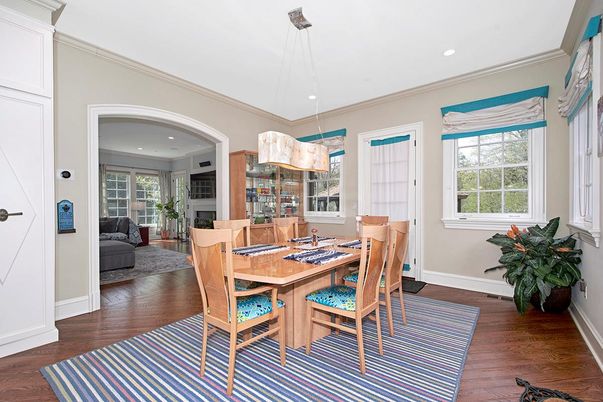 Dining room, Interior, Pendant Lights, Recessed Lighting, Wood Texture Flooring