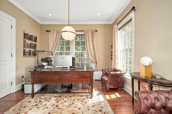Home Office, Interior, Pendant Lights, Recessed Lighting, Wood Texture Flooring