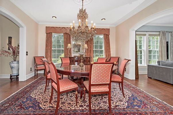 Chandelier, Dining room, Interior, Recessed Lighting, Wood Texture Flooring