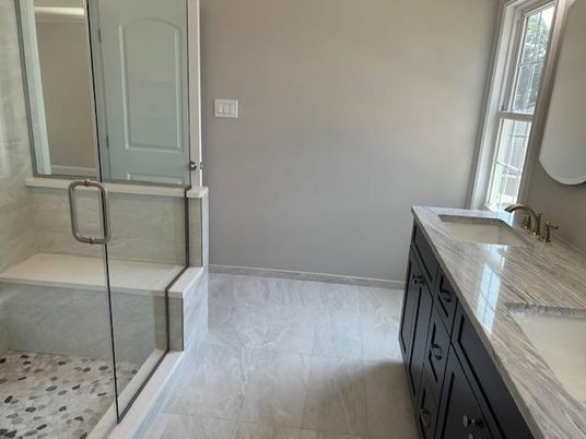 Bathroom, Dual Sink Vanities, Glass Shower, Interior, Marble