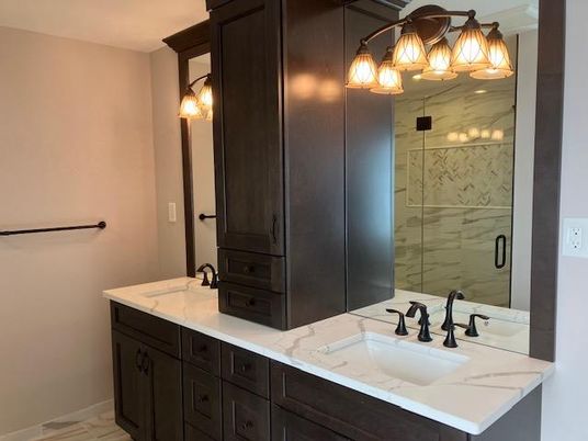 Bathroom, Dual Sink Vanities, Glass Shower, Interior, Marble, Marble Walls
