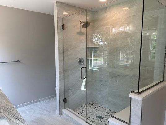 Bathroom, Glass Shower, Interior, Marble, Marble Walls, Recessed Lighting