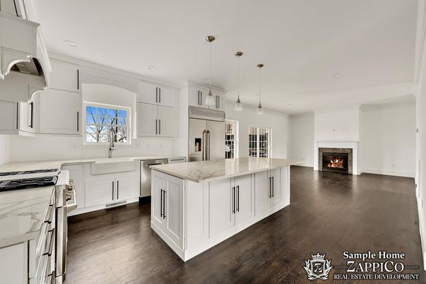 Fireplace, Interior, Kitchen, Pendant Lights, Recessed Lighting, Wood Texture Flooring