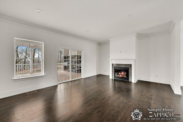 Empty room, Fireplace, Interior, Recessed Lighting, Wood Texture Flooring