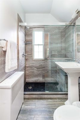 Bathroom, Glass Shower, Interior, Wood Texture Flooring