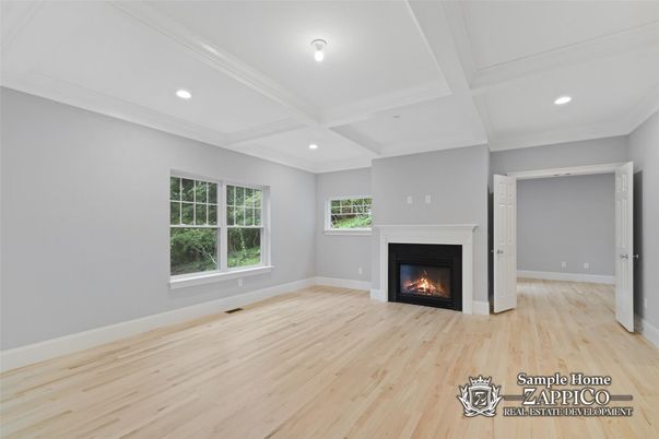 Empty room, Fireplace, Interior, Recessed Lighting, Wood Texture Flooring