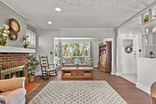 Fireplace, Interior, Living room, Recessed Lighting, Wood Texture Flooring