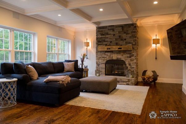 Fireplace, Interior, Living room, Recessed Lighting, Stone Walls, Wood Texture Flooring