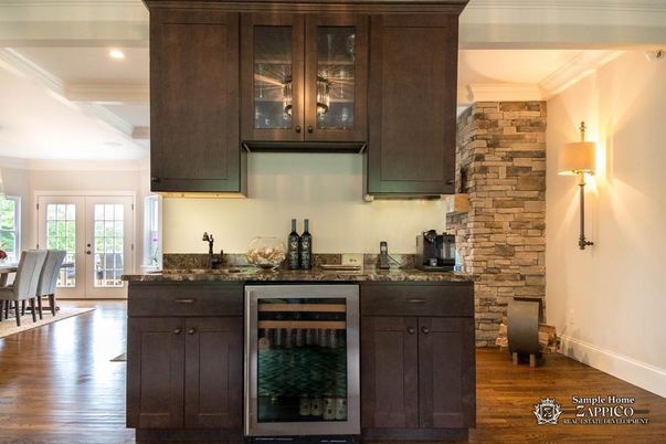 Dining room, Interior, Kitchen, Recessed Lighting, Stone Walls, Wood Texture Flooring