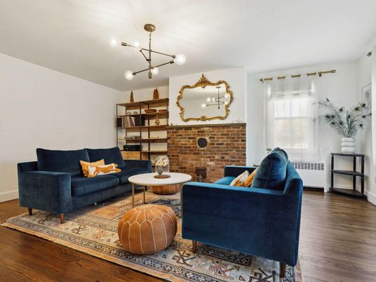 Fireplace, Interior, Living room, Pendant Lights, Stone Walls, Wood Texture Flooring