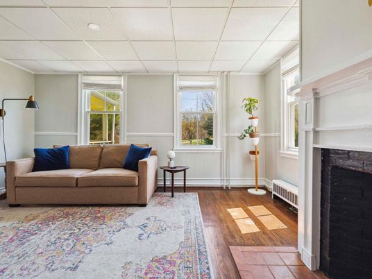 Fireplace, Interior, Recessed Lighting, Wood Texture Flooring