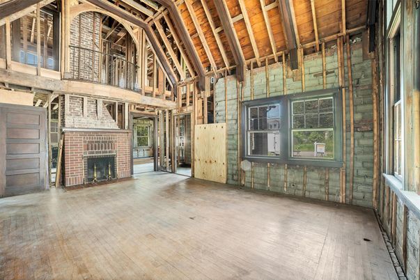 Empty room, Fireplace, Interior, Wooden Beams, Wooden Ceilings, Wood Texture Flooring
