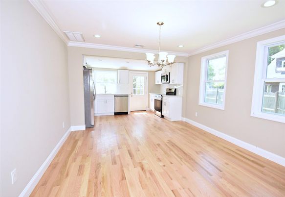 Chandelier, Interior, Kitchen, Recessed Lighting, Stainless Steel Appliances, Wood Texture Flooring
