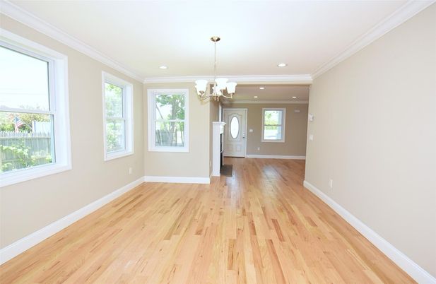 Chandelier, Empty room, Interior, Recessed Lighting, Wood Texture Flooring