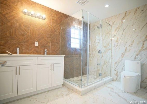 Bathroom, Glass Shower, Interior, Marble, Marble Walls, Recessed Lighting