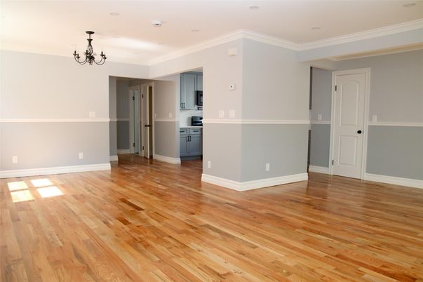 Chandelier, Empty room, Interior, Kitchen, Recessed Lighting, Wood Texture Flooring